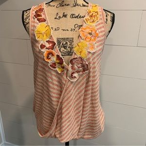 Free People Striped Knit Tank with Floral Appliqué in Cream and Orange